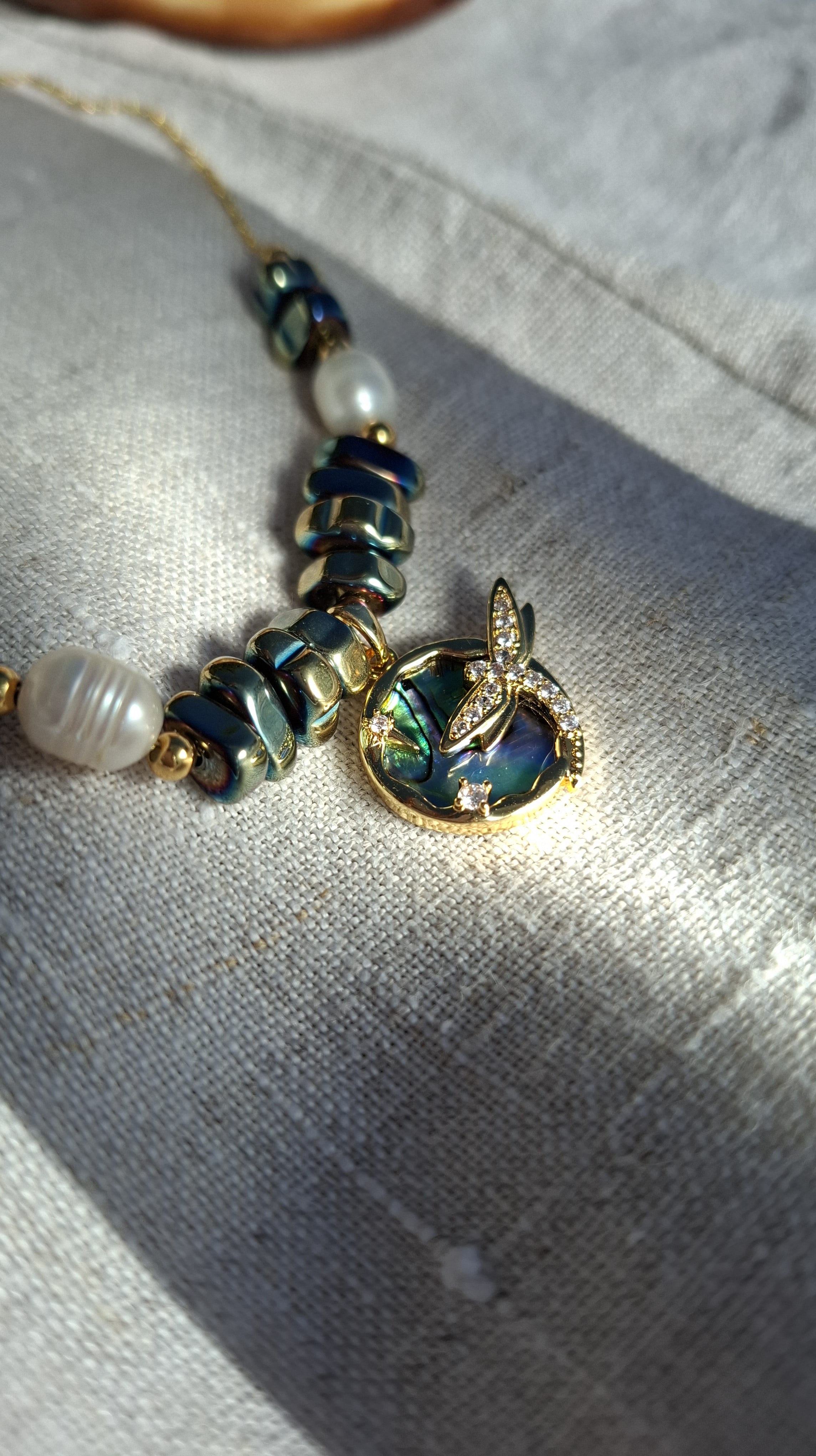 Mermaid's Dream: Dragonfly Abalone Shell, Pearls & Hematite Textile Cord Gold-Plated Necklace | S925 Silver