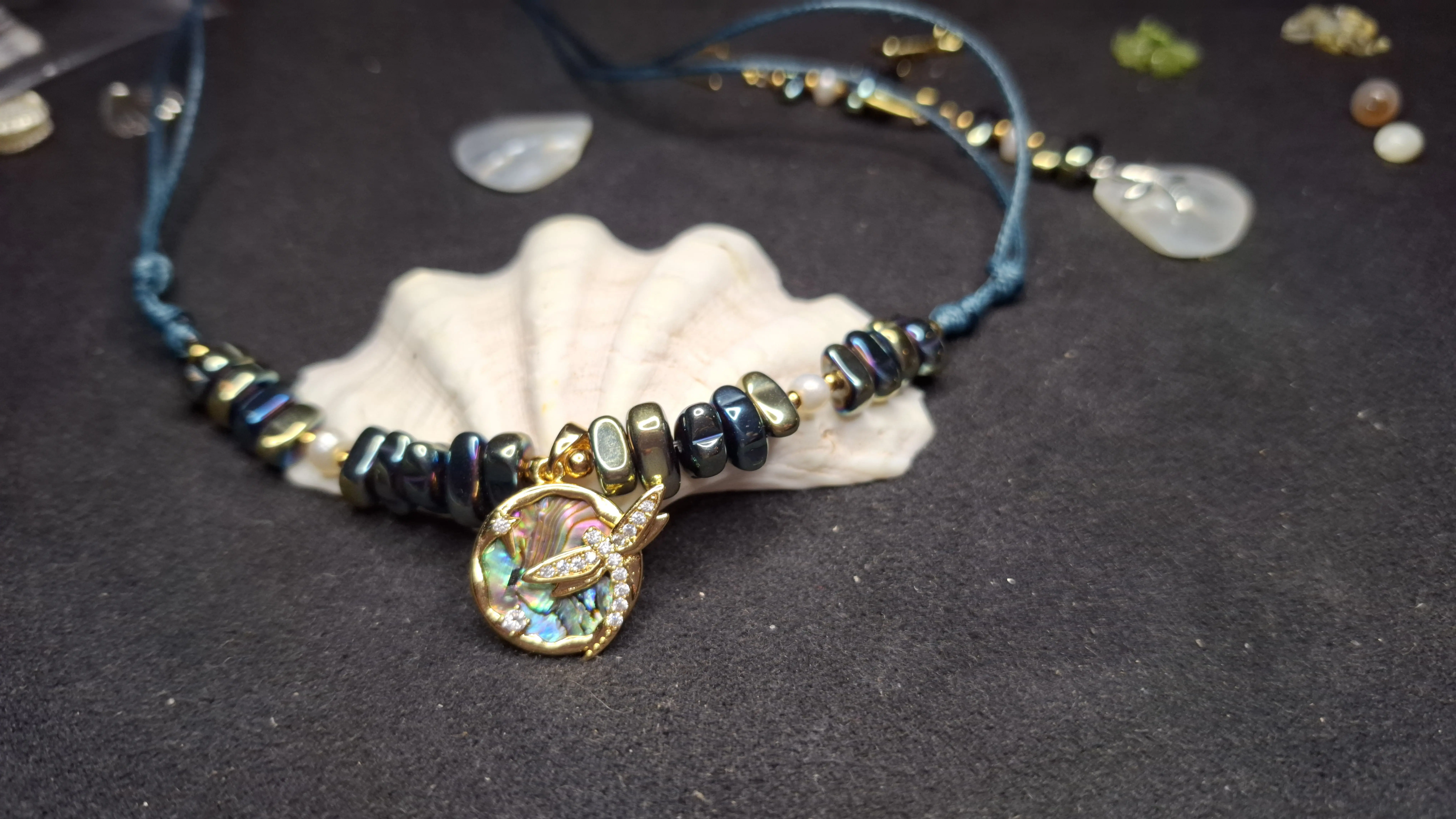 Mermaid's Dream: Dragonfly Abalone Shell & Hematite Gold-Plated Necklace | S925 Silver